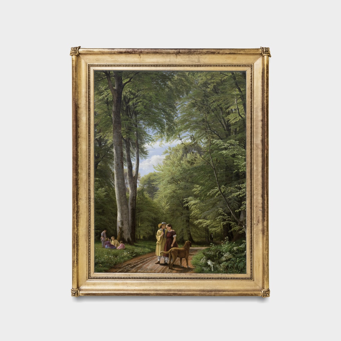 Tall Beech Forest Road With Children Dog Vintage Painting Poster - Image 3