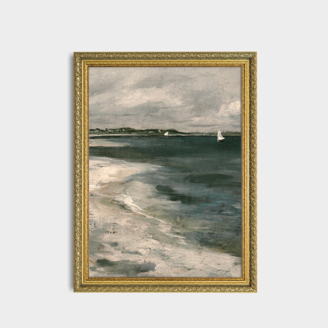 White Sailboats on a Gray Overcast Sea Coastal Painting Poster - Image 3