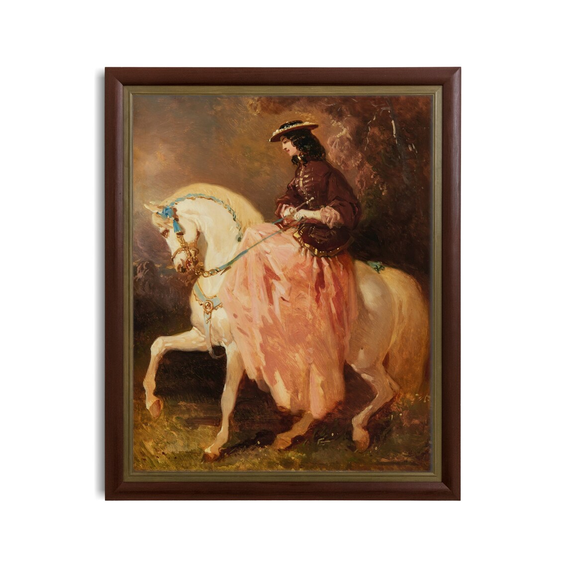Elegant Lady On A Prancing White Horse In Pink Gown Vintage Poster - Image 3