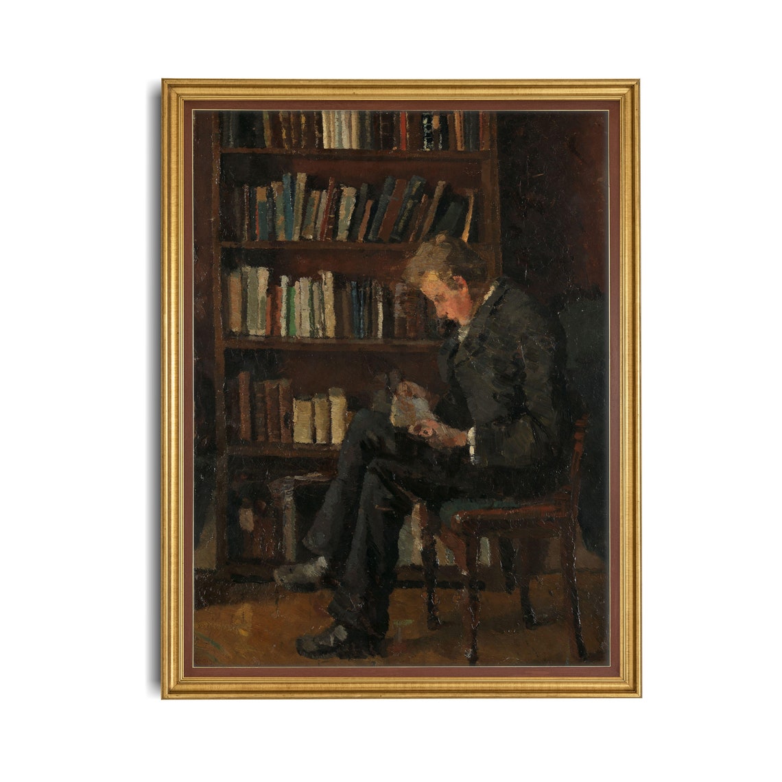Gentleman Reading a Book Beside a Tall Bookshelf Vintage Poster - Image 2
