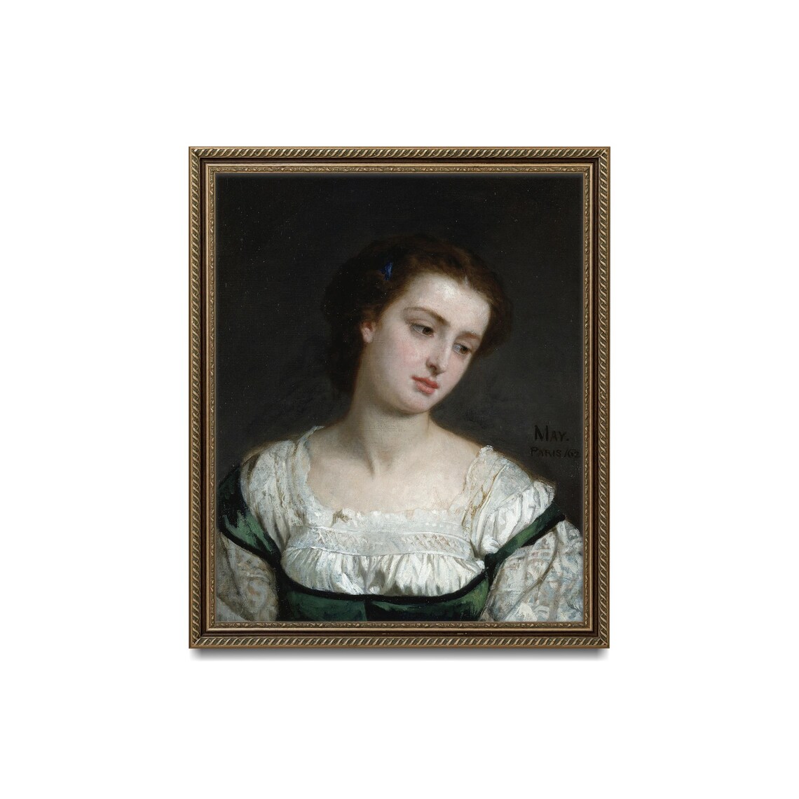 Victorian Young Woman Portrait White Blouse Dark Background Oil Poster - Image 3