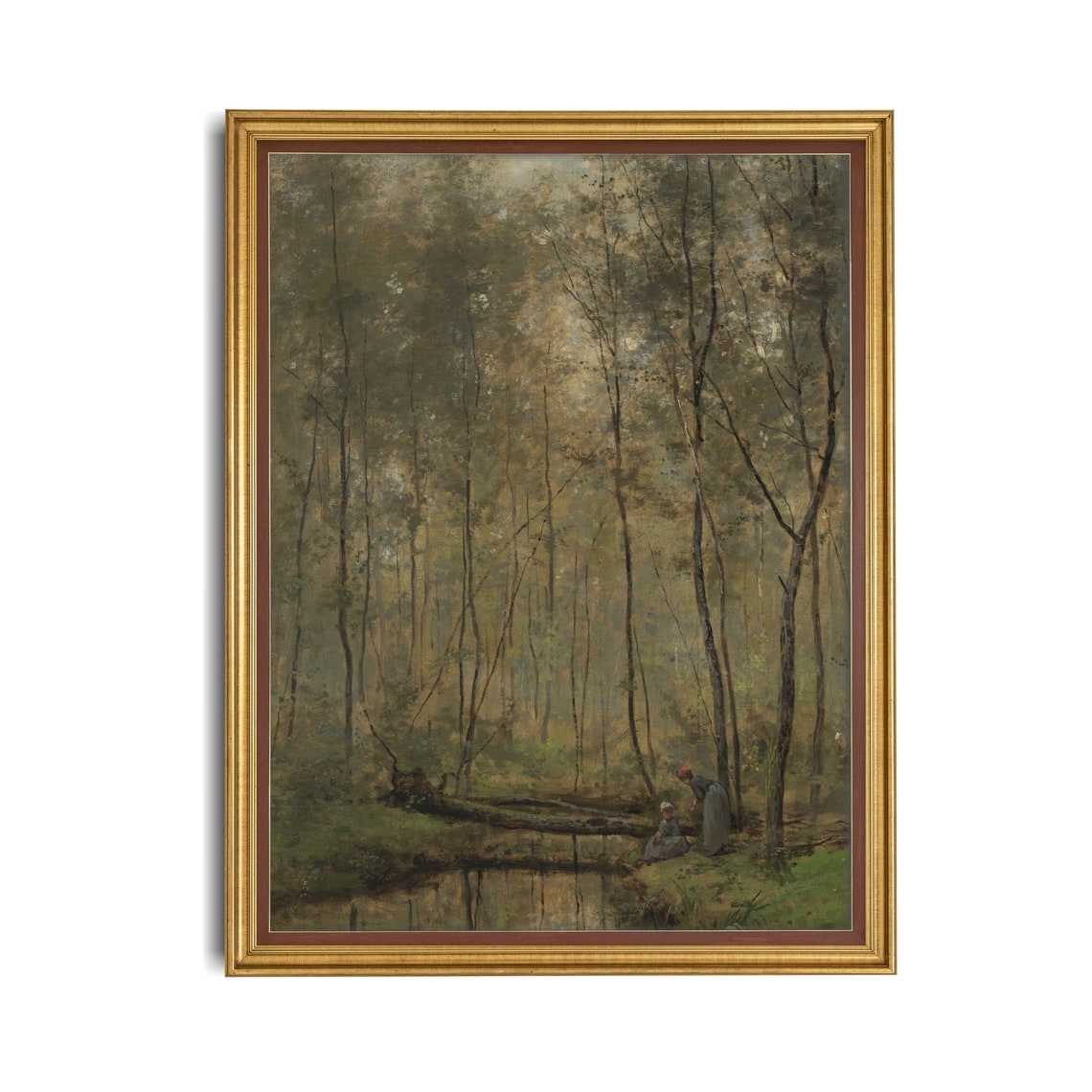 Tall Trees and Quiet Figures by a Forest Pond Vintage Poster - Image 2