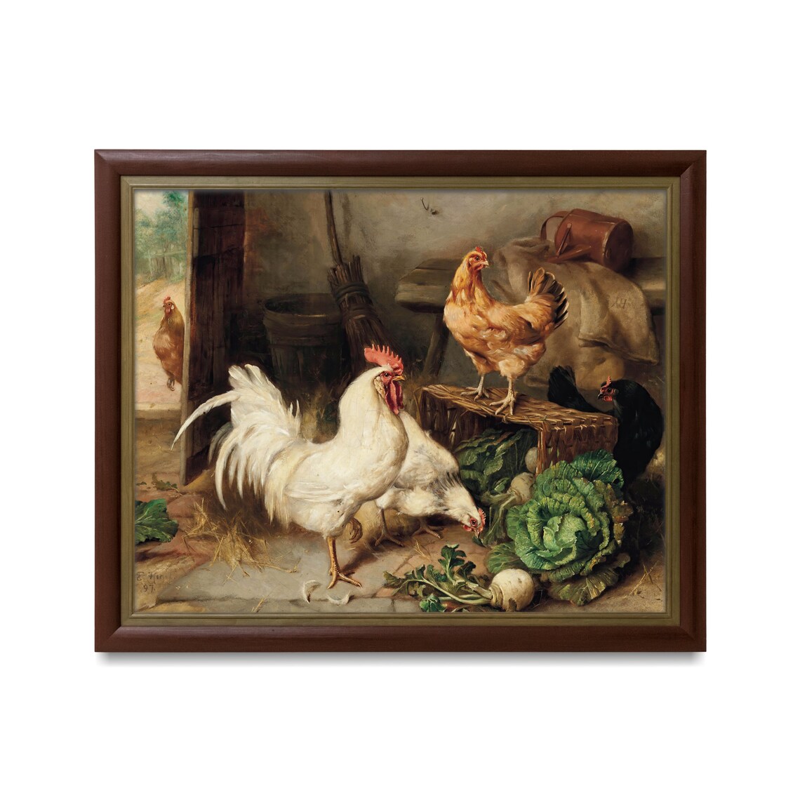 Rooster And Hens In Barnyard Vintage Farm Chicken Painting Poster - Image 3