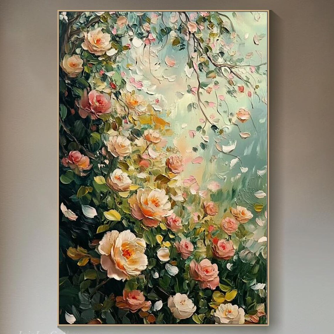 Blush Pink Rose Bloom Garden Vintage Floral Oil Painting Wall Art