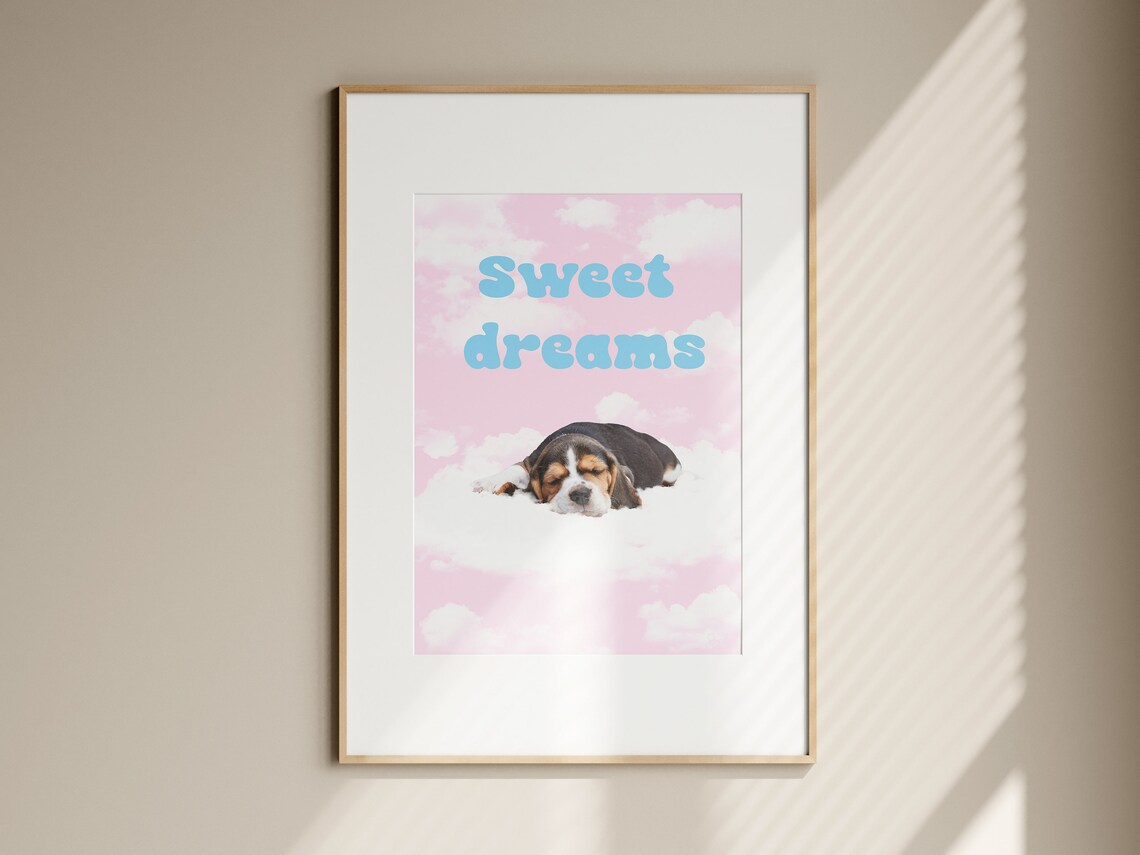 Sweet Dreams Sleeping Beagle Puppy Pink Clouds Cute Nursery Dog Poster