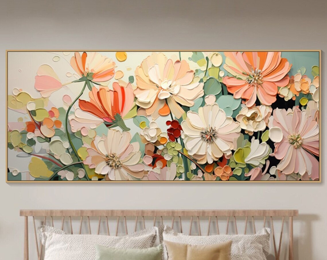 Pink Peach 3D Cosmos Flowers Modern Textured Floral Bedroom Wall Art