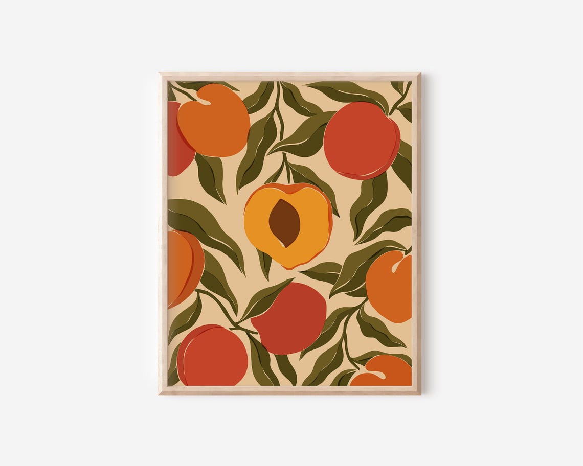 Nectarine Botanical Pattern Retro Fruit Illustration Wall Art - Image 2