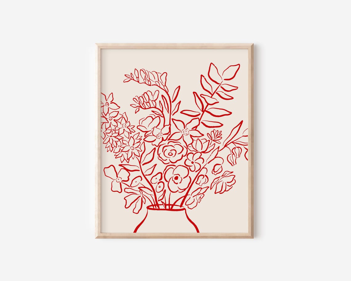 Red Flower Bouquet Vase Line Art Minimalist Botanical Poster