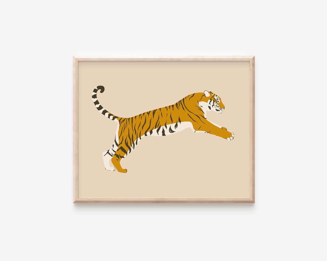Leaping Tiger Illustration Mustard Gold Striped Big Cat Wall Poster