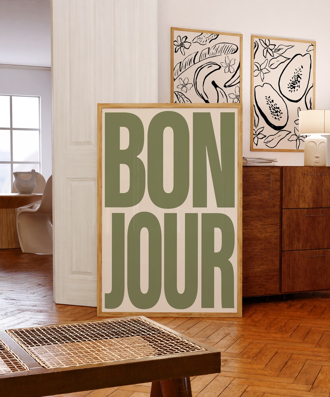 Bonjour Typography Poster Print, Retro French Decor