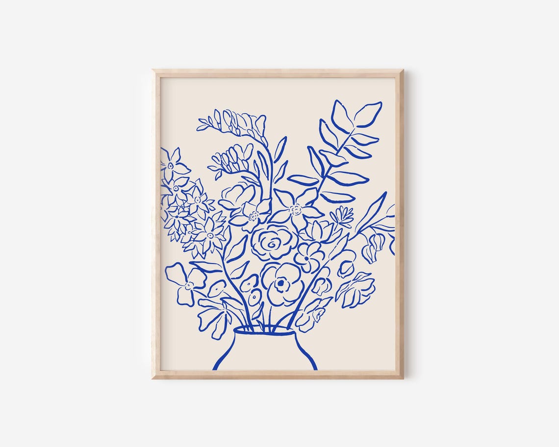Navy Flower Bouquet Vase Line Art Minimalist Botanical Poster
