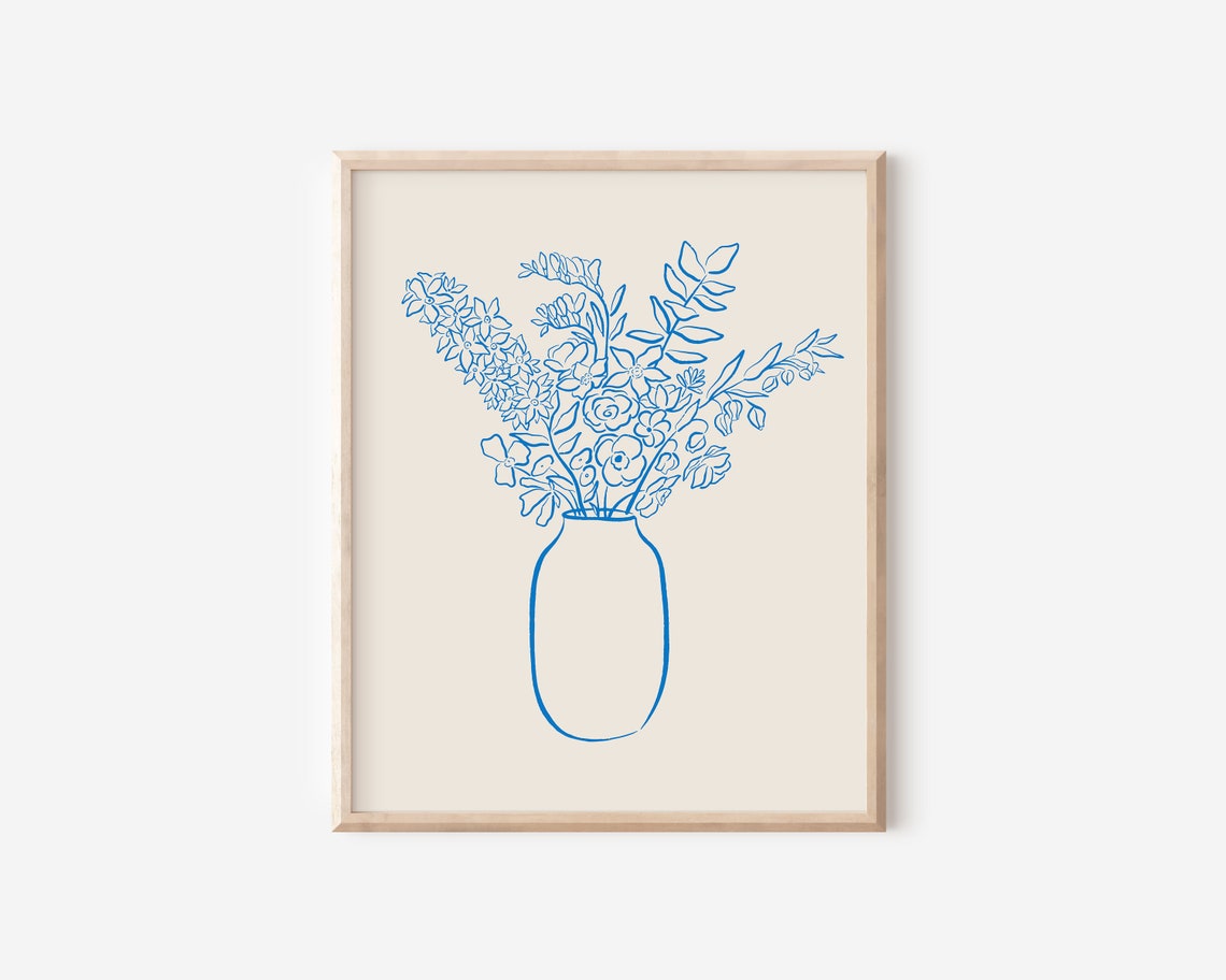 Minimalist Blue Ink Line Drawing Flower Bouquet Vase Botanical Poster - Image 2