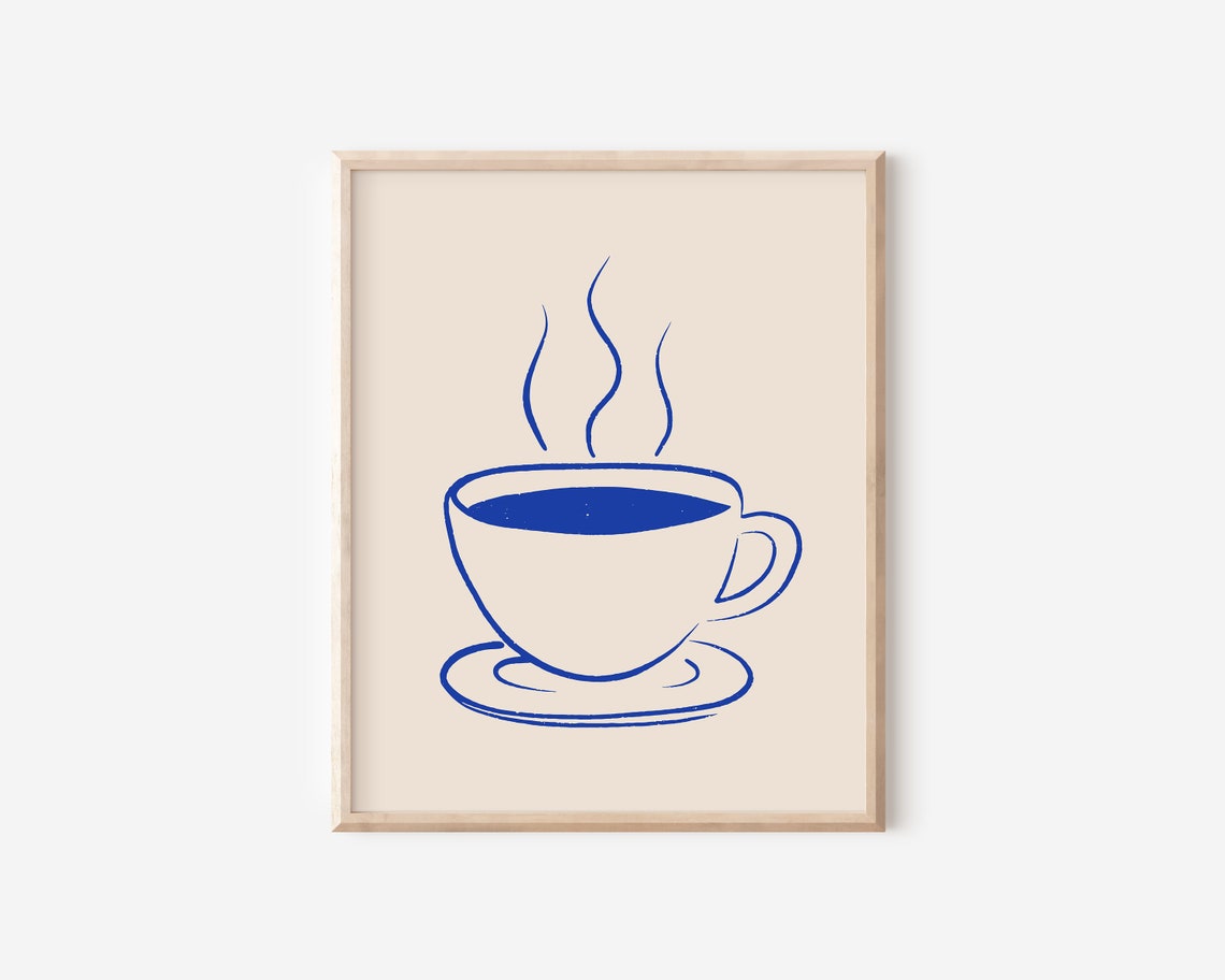 Hot Steaming Coffee Cup Blue Line Art Minimalist Kitchen Wall Art - Image 2