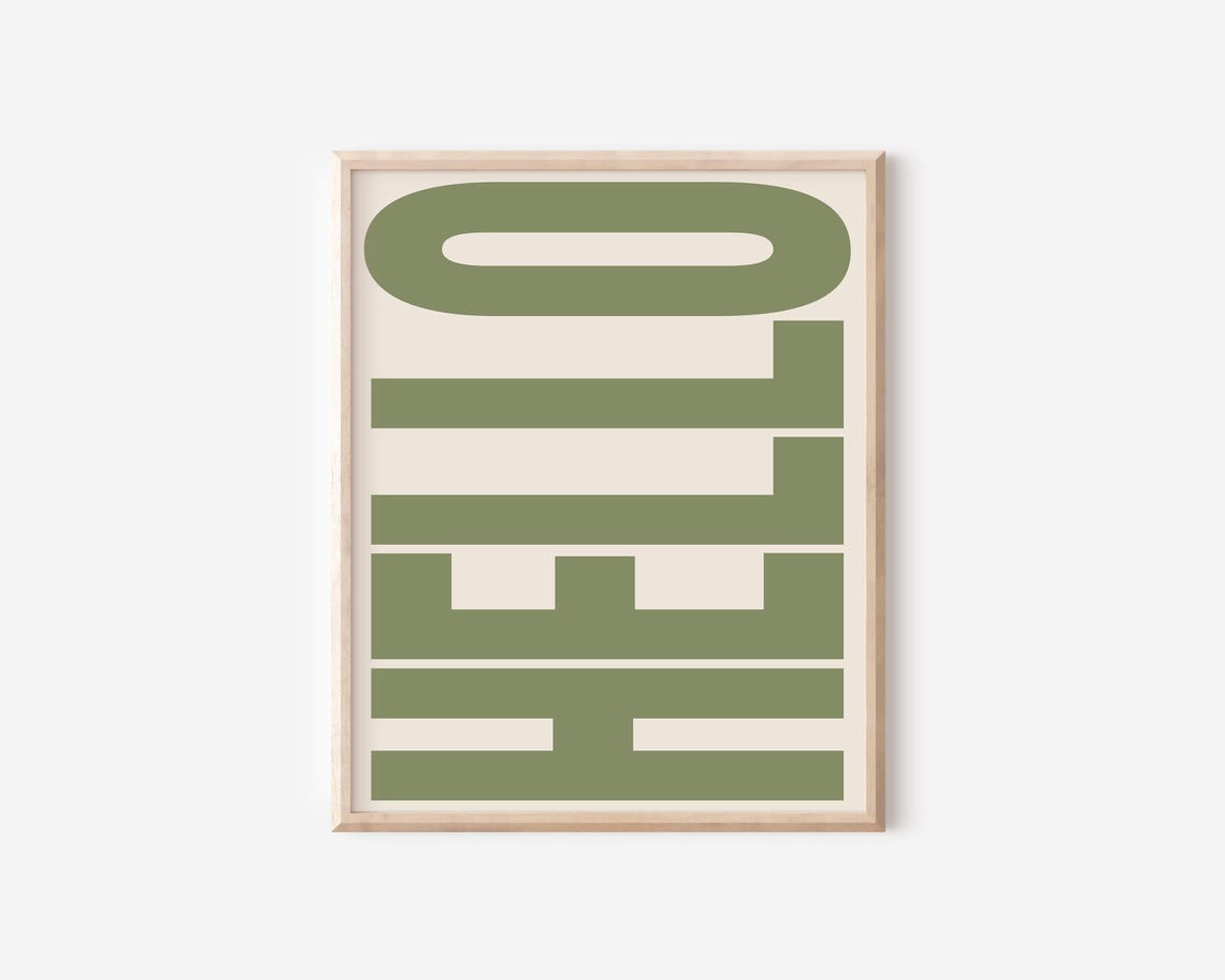 Hello Retro Greeting Bold Typography Sage Green Text Cream Poster - Image 2