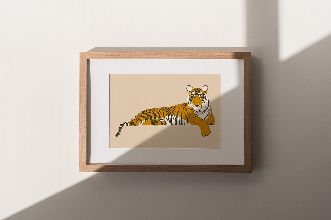 Resting Tiger Illustration Gold Striped Big Cat Modern Wall Poster - Image 2
