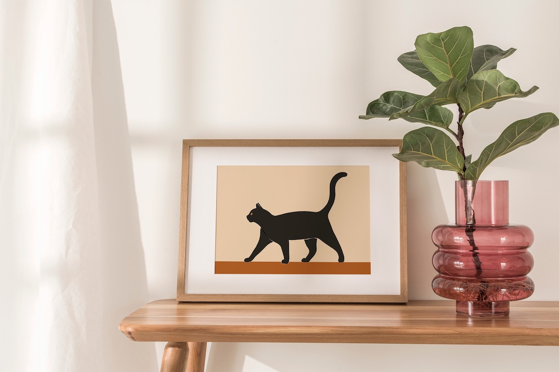 Black Cat Halloween Poster, Modern Bohemian Art Print