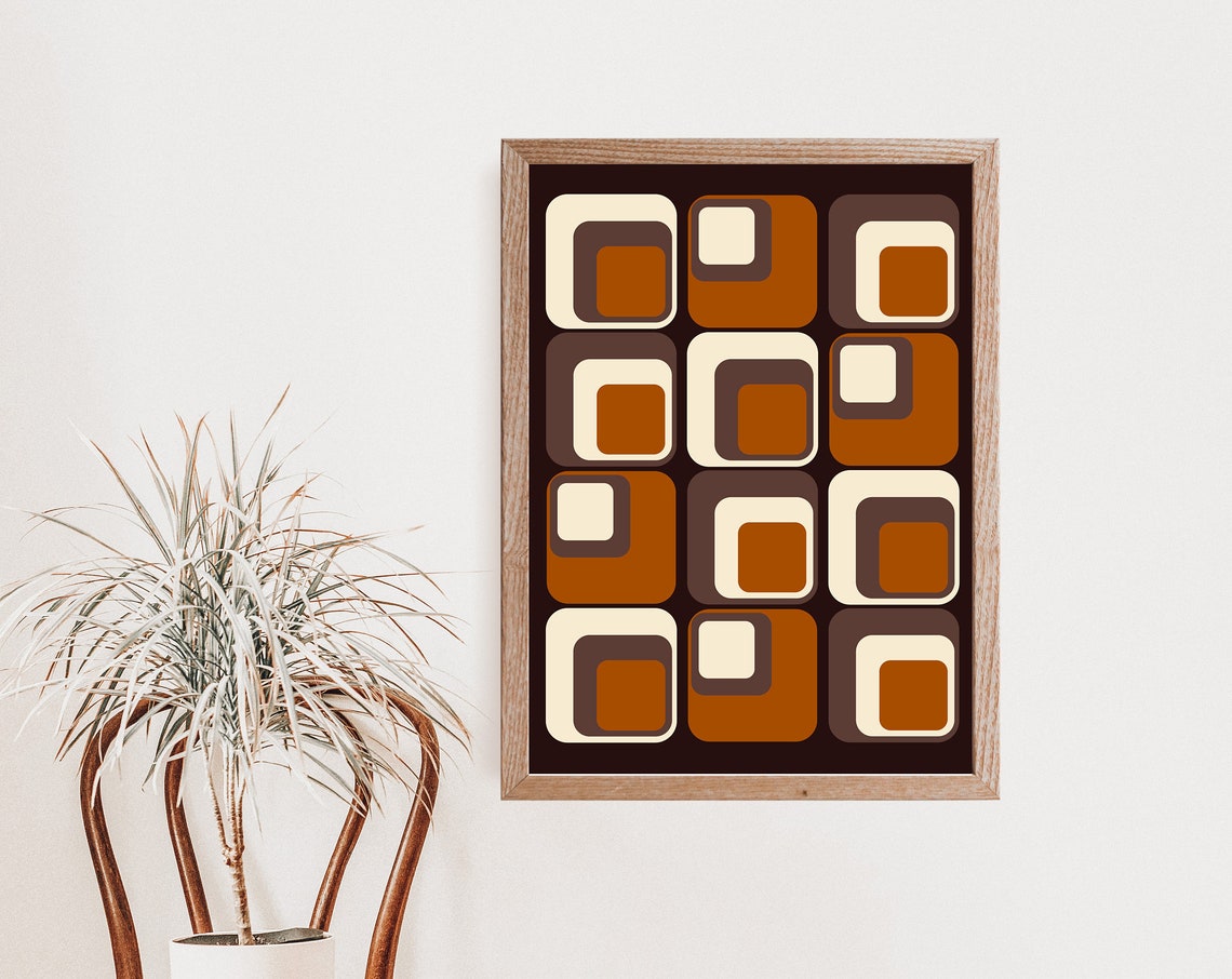 Mid Century Retro Brown Squares Geometric Grid 70s Art Print