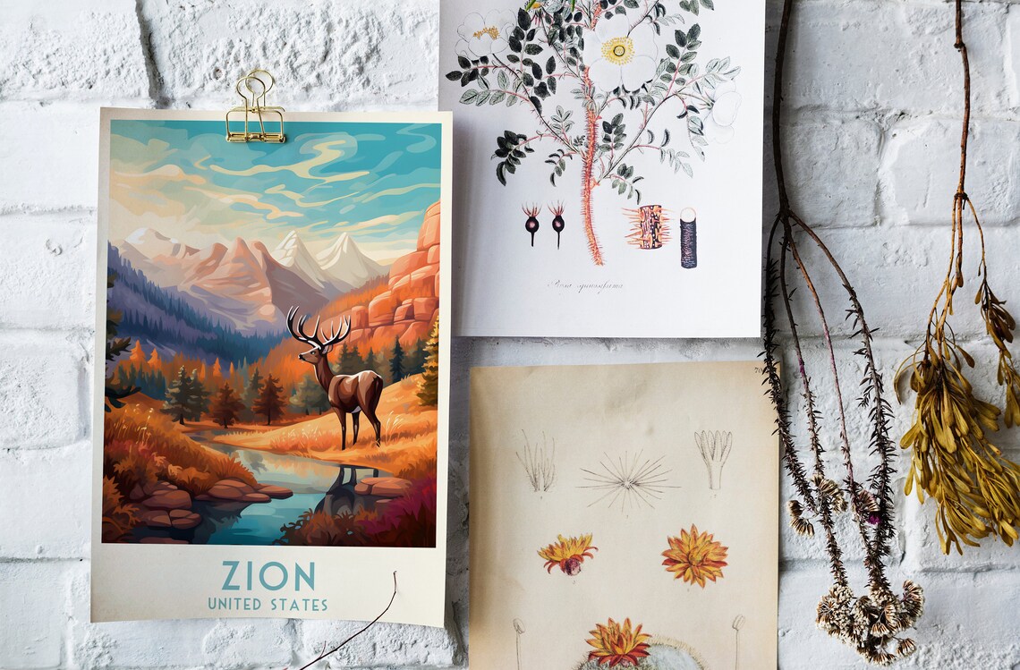 Zion National Park Autumn Elk Streamside Scene Vintage Travel Poster - Image 4