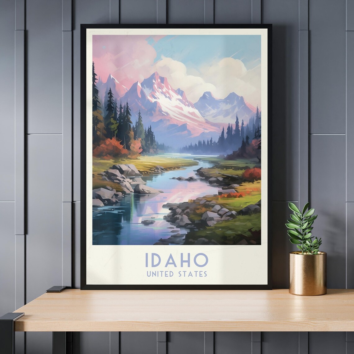 Idaho United States Snowy Mountain River Valley Travel Poster - Image 3