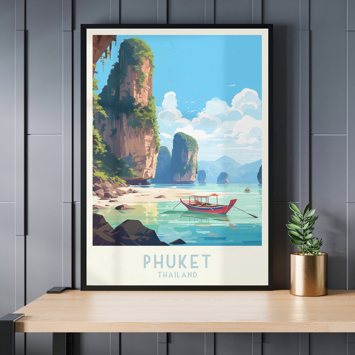 Phuket Thailand Emerald Bay Longtail Boat Sunset Travel Poster - Image 3