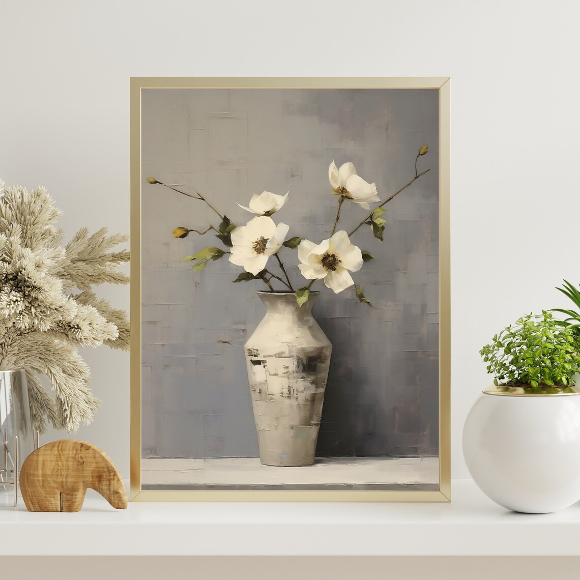 White Dogwood Blossoms Ceramic Vase Gray Still Life Floral Poster - Image 3