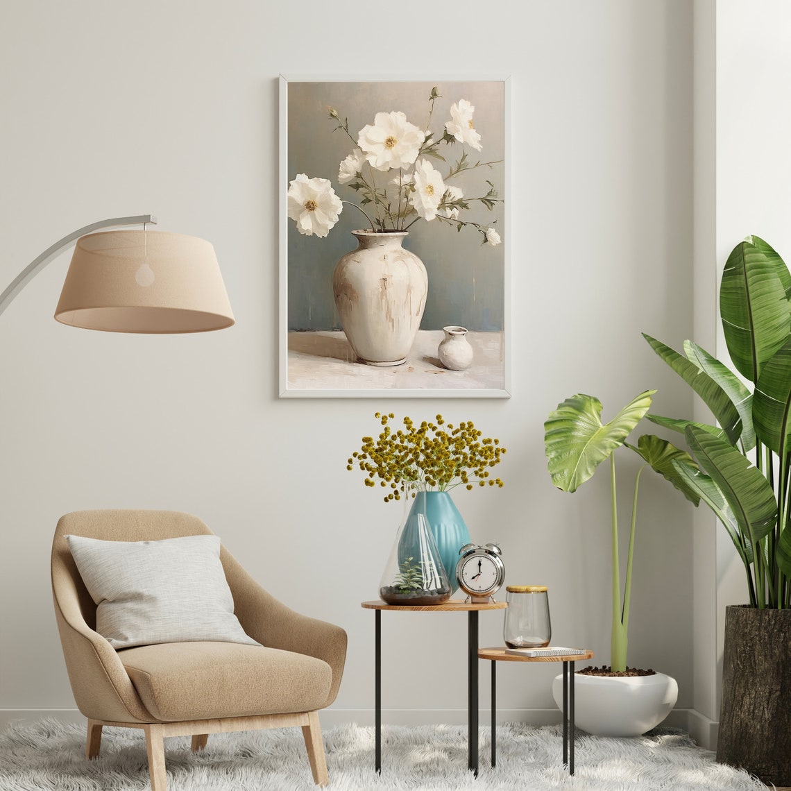 White Poppies Rustic Vase Soft Cottage Still Life Floral Poster - Image 2