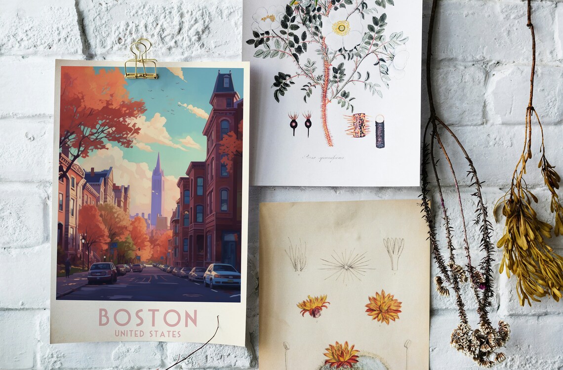 Boston Autumn Brownstone Street with Church Spire Travel Poster - Image 4
