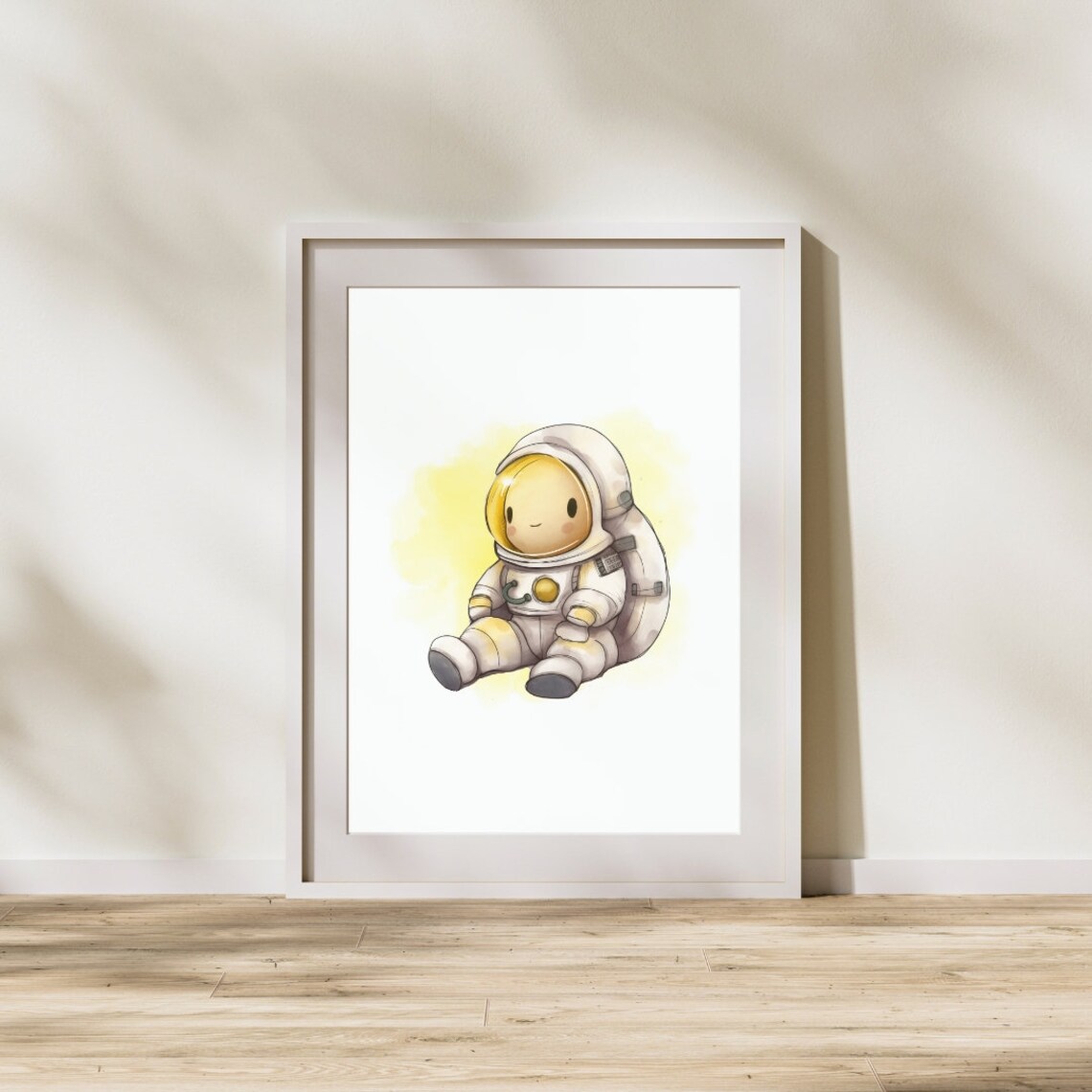 Cute Yellow Astronaut Soft Watercolor Splash Kids Room Nursery Poster - Image 3