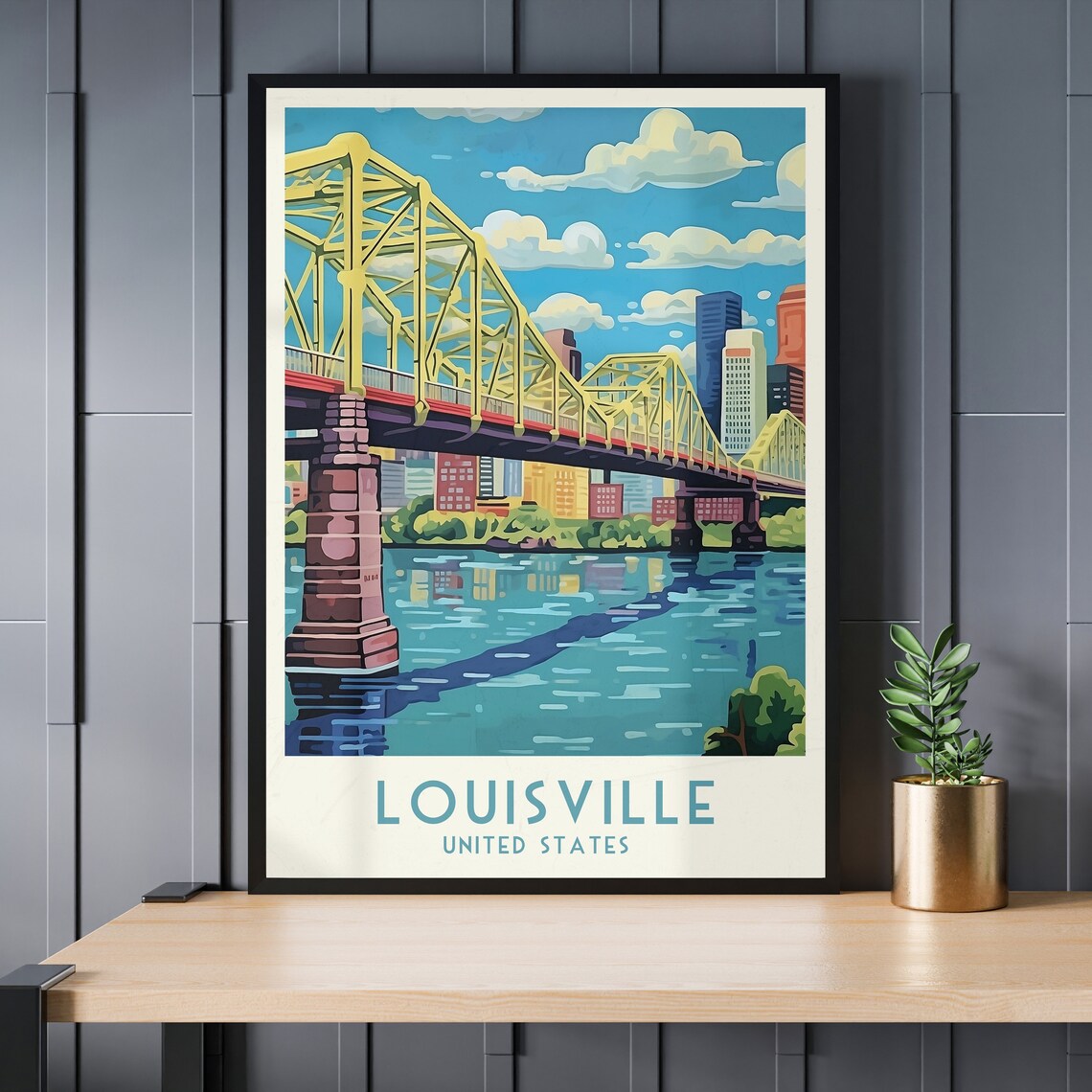 Louisville United States Vintage Yellow Truss Bridge Skyline Poster - Image 3