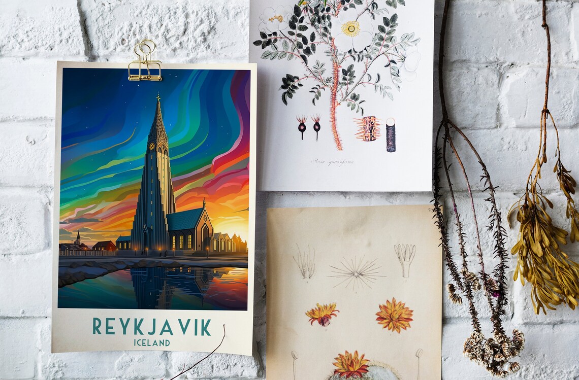 Reykjavik Hallgrimskirkja Northern Lights Night Vintage Travel Poster - Image 4