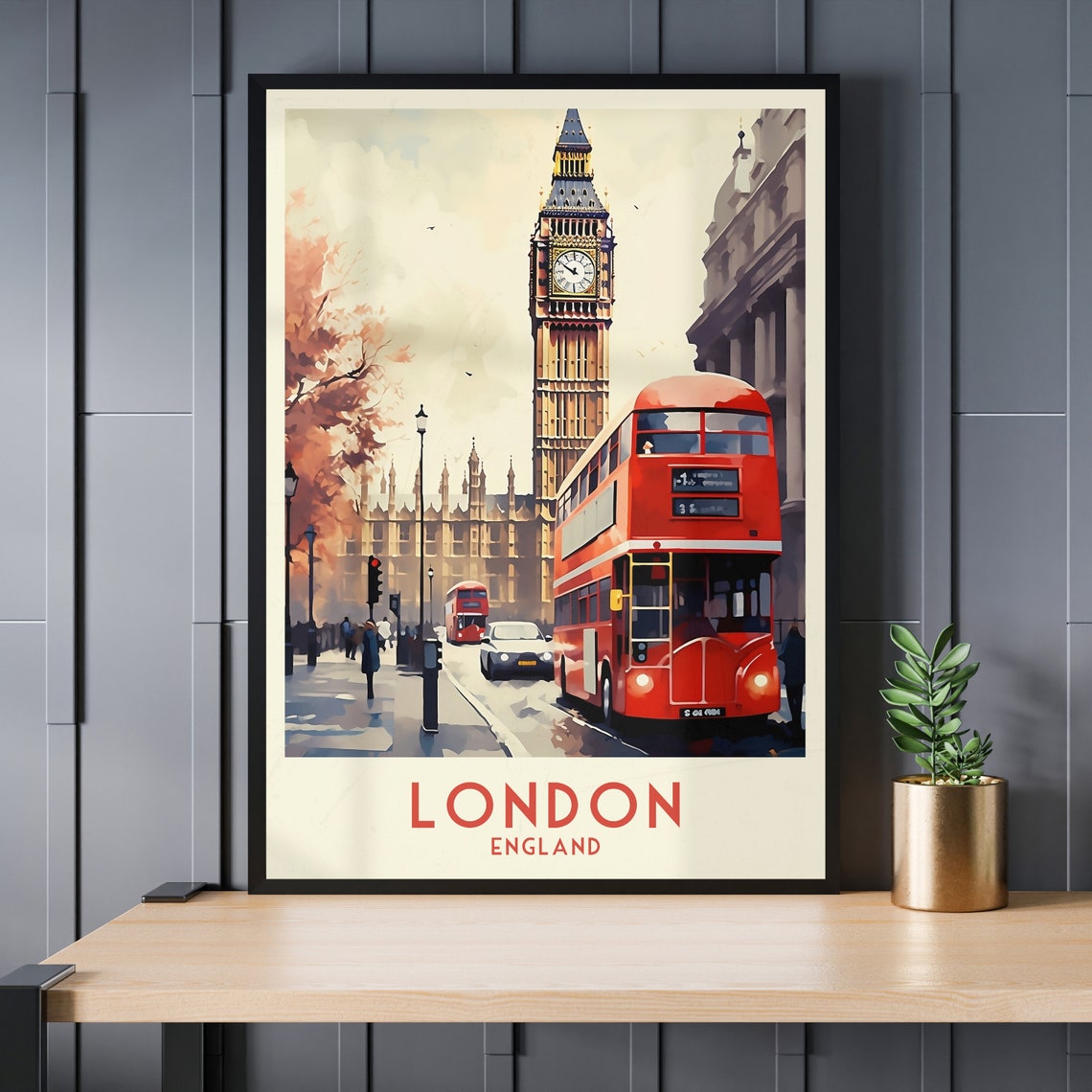 London England Big Ben Red Double Decker Bus Vintage Travel Poster - Image 3