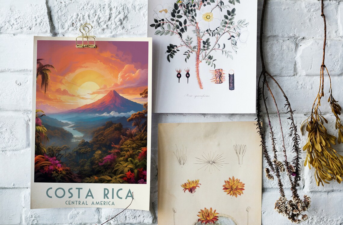 Costa Rica Volcano Sunset Over Rainforest River Travel Poster - Image 4