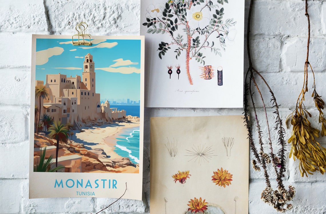 Monastir Tunisia Coastal Fortress Golden Beach Retro Travel Poster - Image 4