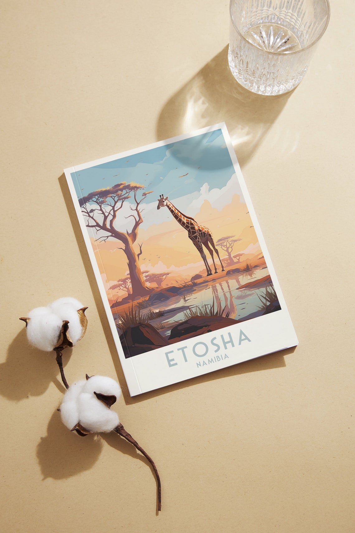 Etosha Namibia Poster with Giraffe Beside a Waterhole at Sunset - Image 2