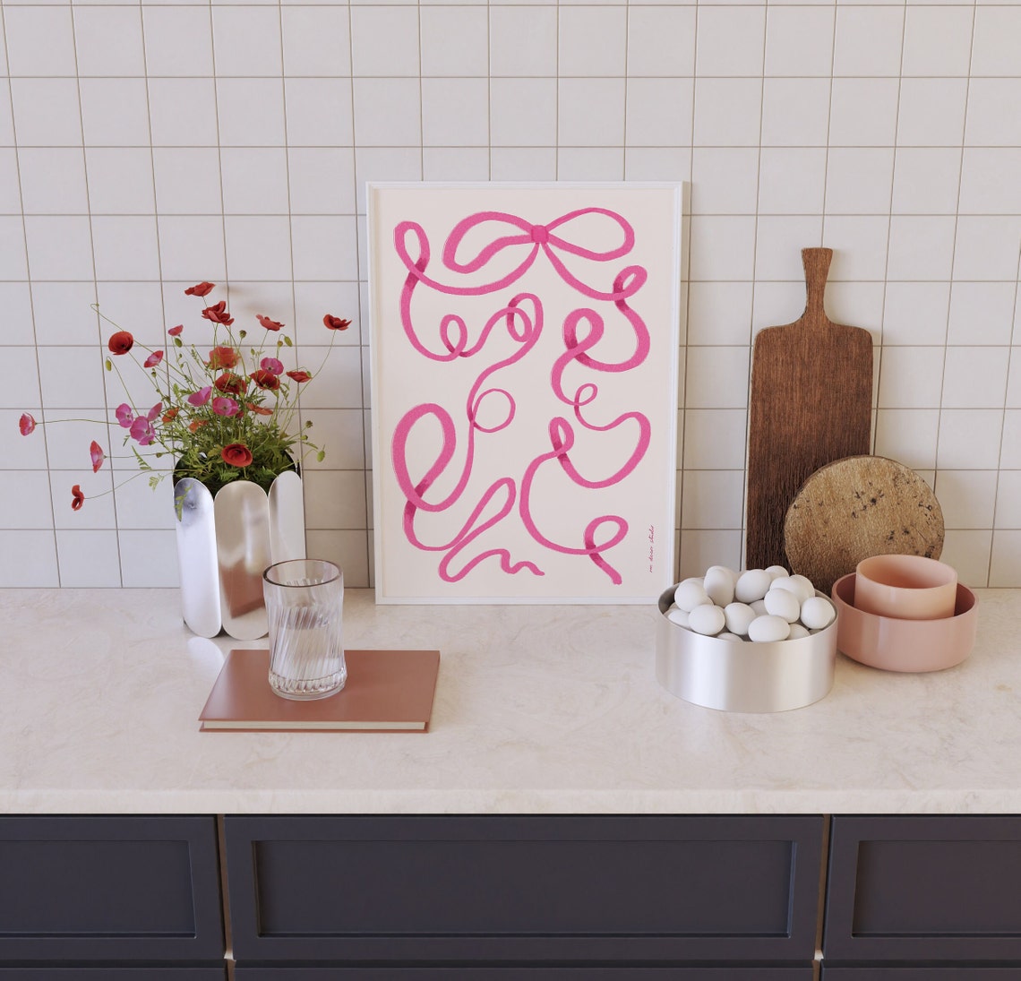Pink Bow Ribbon Squiggle Hand Drawn Modern Abstract Art Poster
