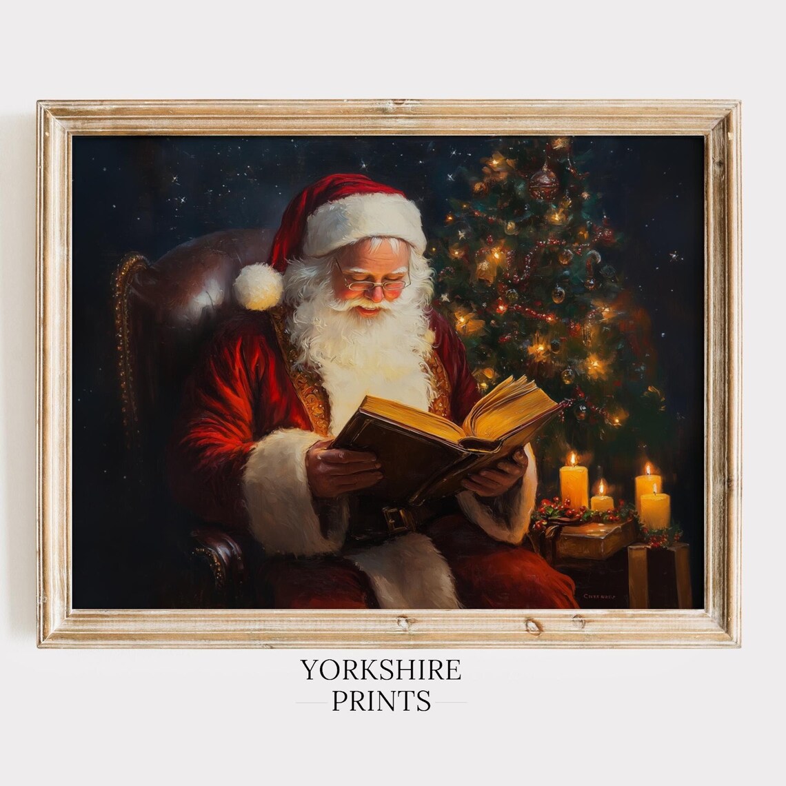 Santa Claus Reading Book By Christmas Tree Cozy Vintage Holiday Poster