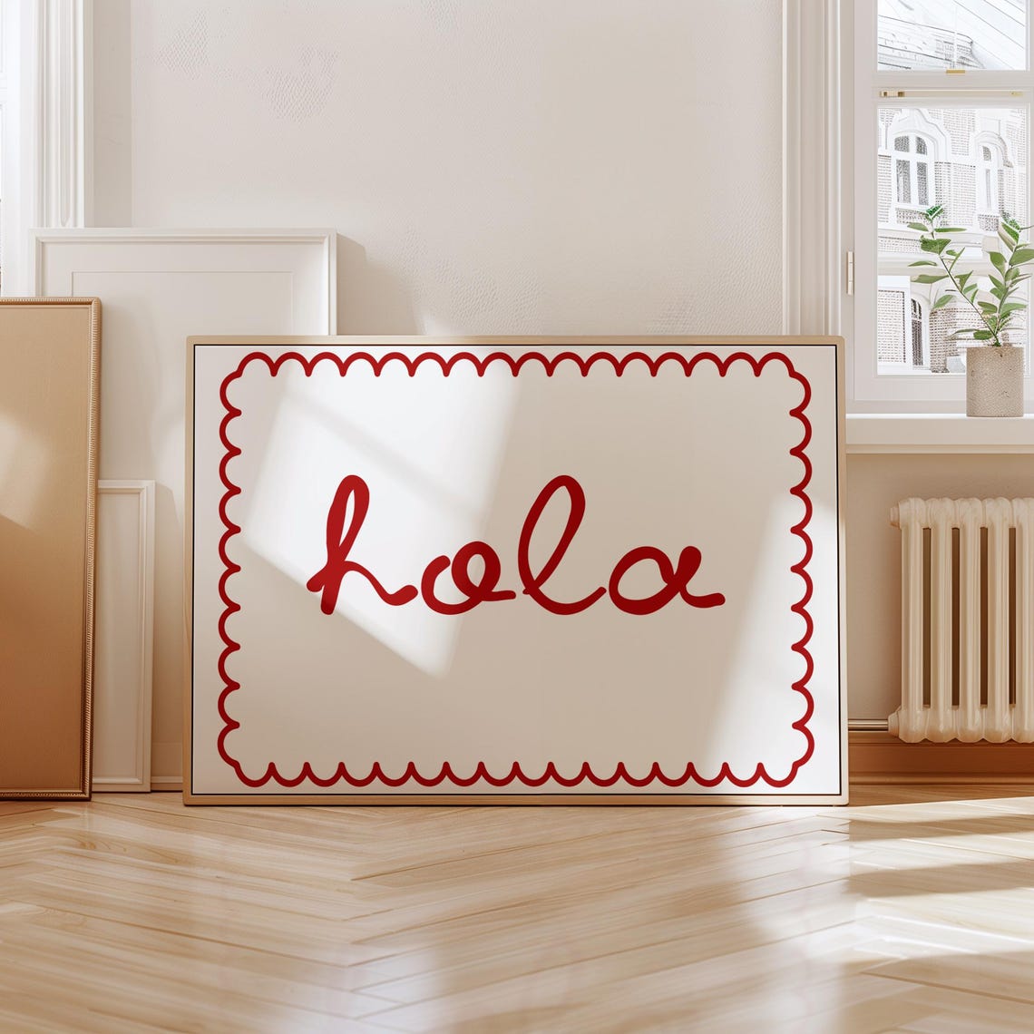 Hola Red Script Typography Scalloped Border Minimalist Spanish Poster