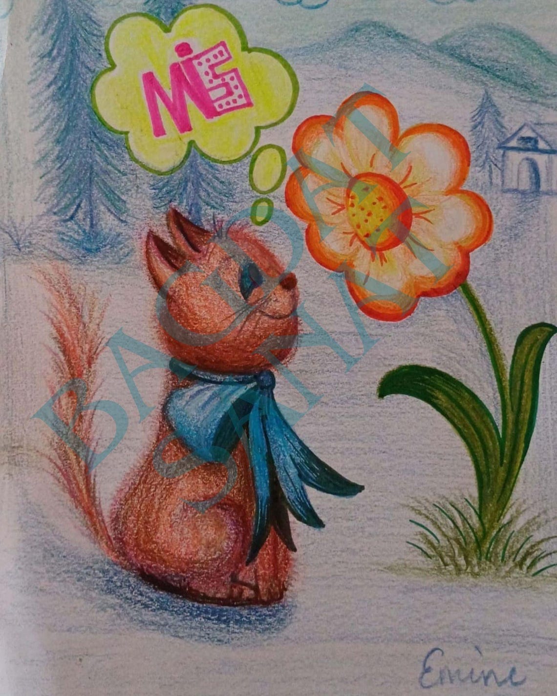 Cute Orange Kitten With Blue Scarf Flower Colored Pencil Poster - Image 5
