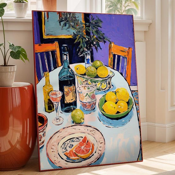 Kitchen Still Life Poster Colorful Lemon Mediterranean Art Print Citrus Fruit Illustration Drawing