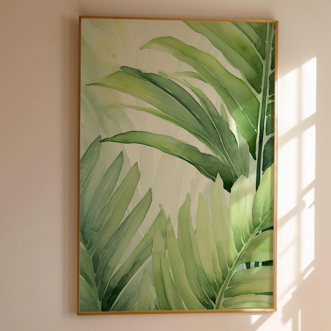 Tropical Leaf Art Poster Watercolor Botanical Print Illustration In Green Minimal Drawing For Calm Spaces