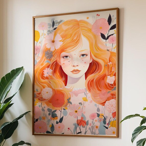 Botanical Portrait Poster Floral Girl With Freckles Wall Art Print Illustration For Bedroom Or Studio Whimsical Drawing