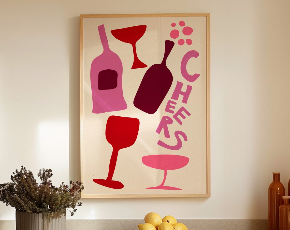 Cheers Pink Wine Glasses And Bottles Modern Bar Cart Drink Poster