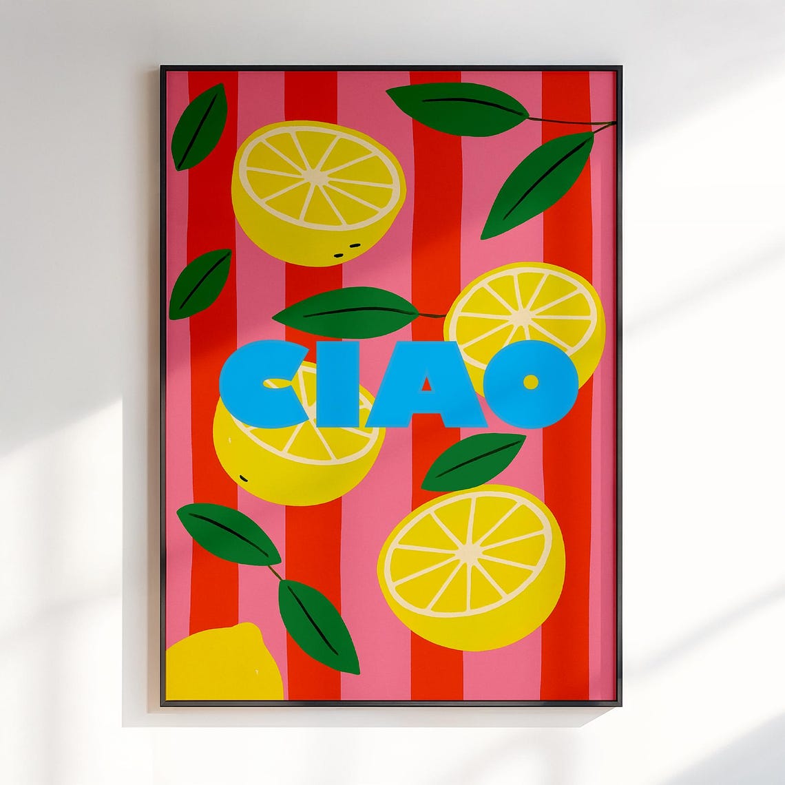 Ciao Colorful Retro Lemons Striped Italian Kitchen Wall Poster