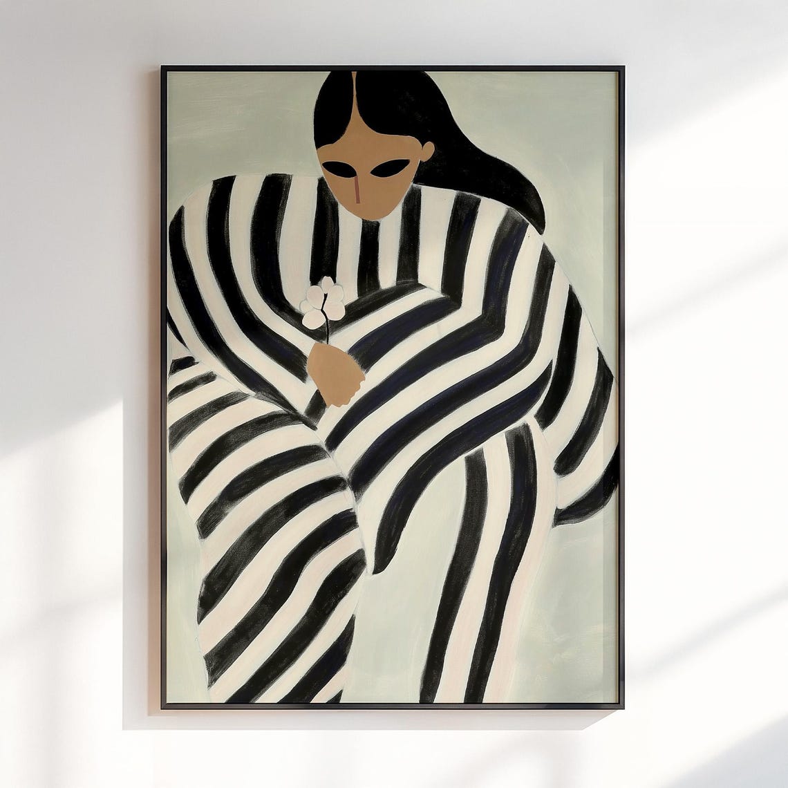Woman In Striped Top Holding A White Flower Modern Art Poster