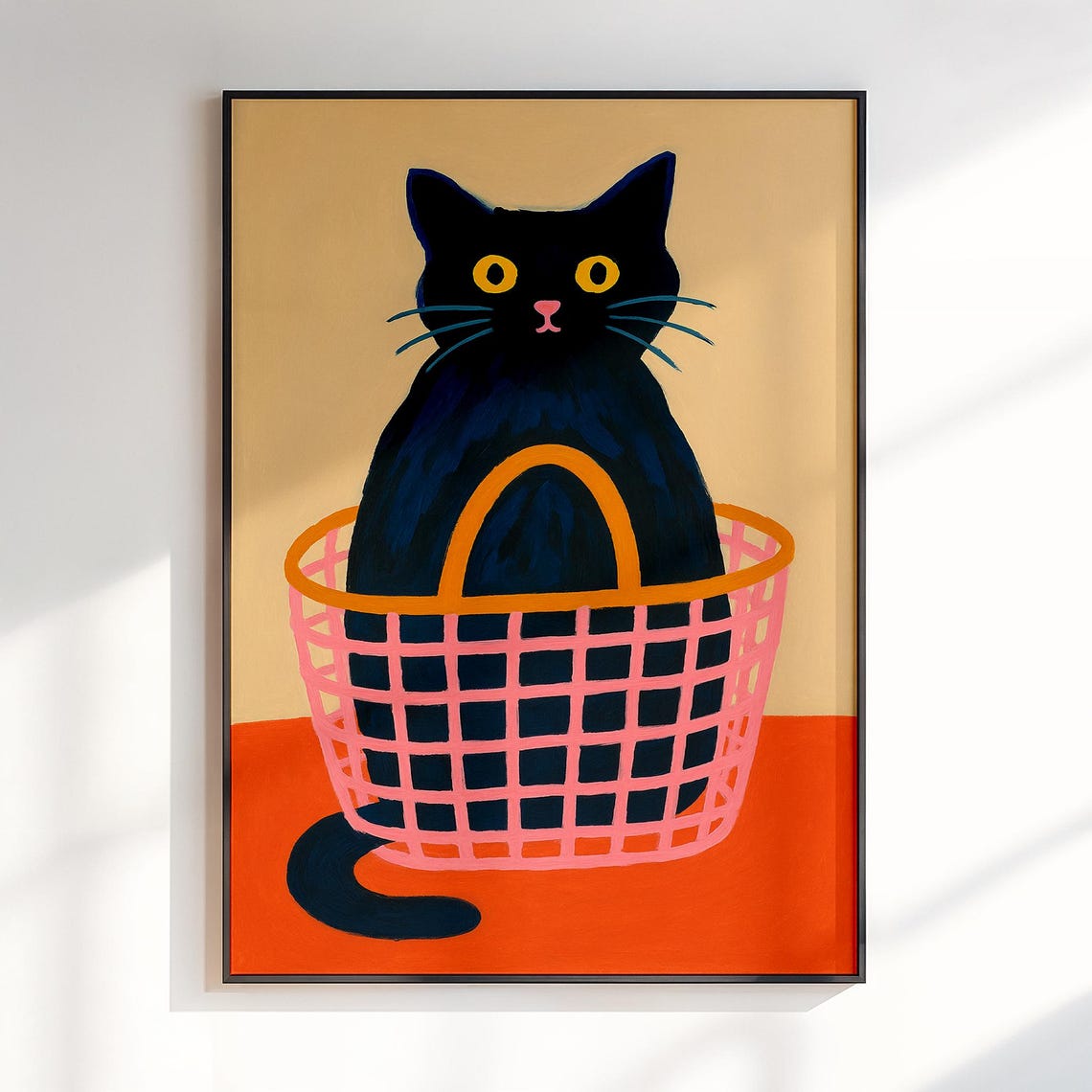 Black Cat Sitting In Pink Shopping Basket Playful Retro Poster