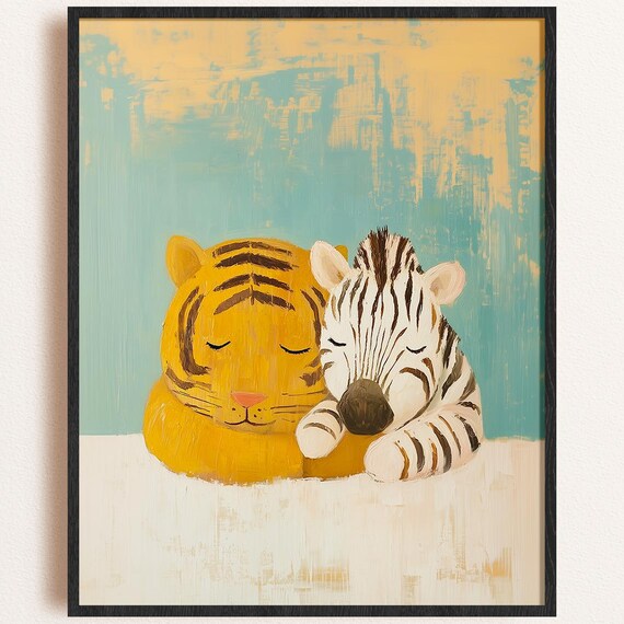 Sleeping Tiger Zebra Jungle Friends Nursery Animal Art Poster