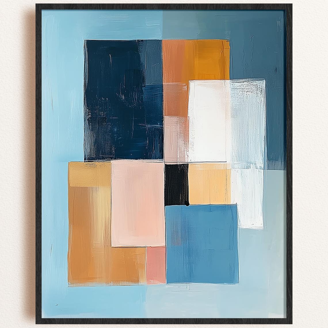 Slate Blue Ochre Abstract Geometric Blocks Modern Art Poster