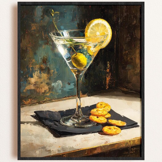 Vintage Martini Glass Lemon Olive Still Life Oil Painting Poster