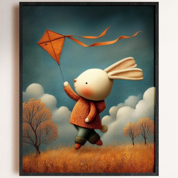 Bunny Flying Kite Kids Nursery Wall Art Instant