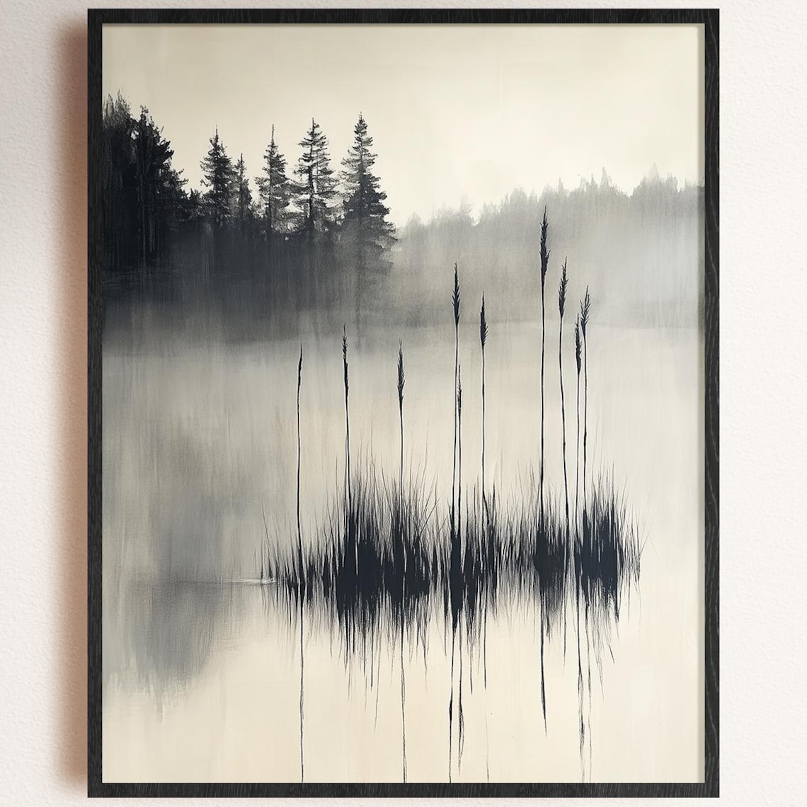 Misty Reeds Minimalist Ink Lake Forest Fog Wabi Sabi Botanical Art Poster